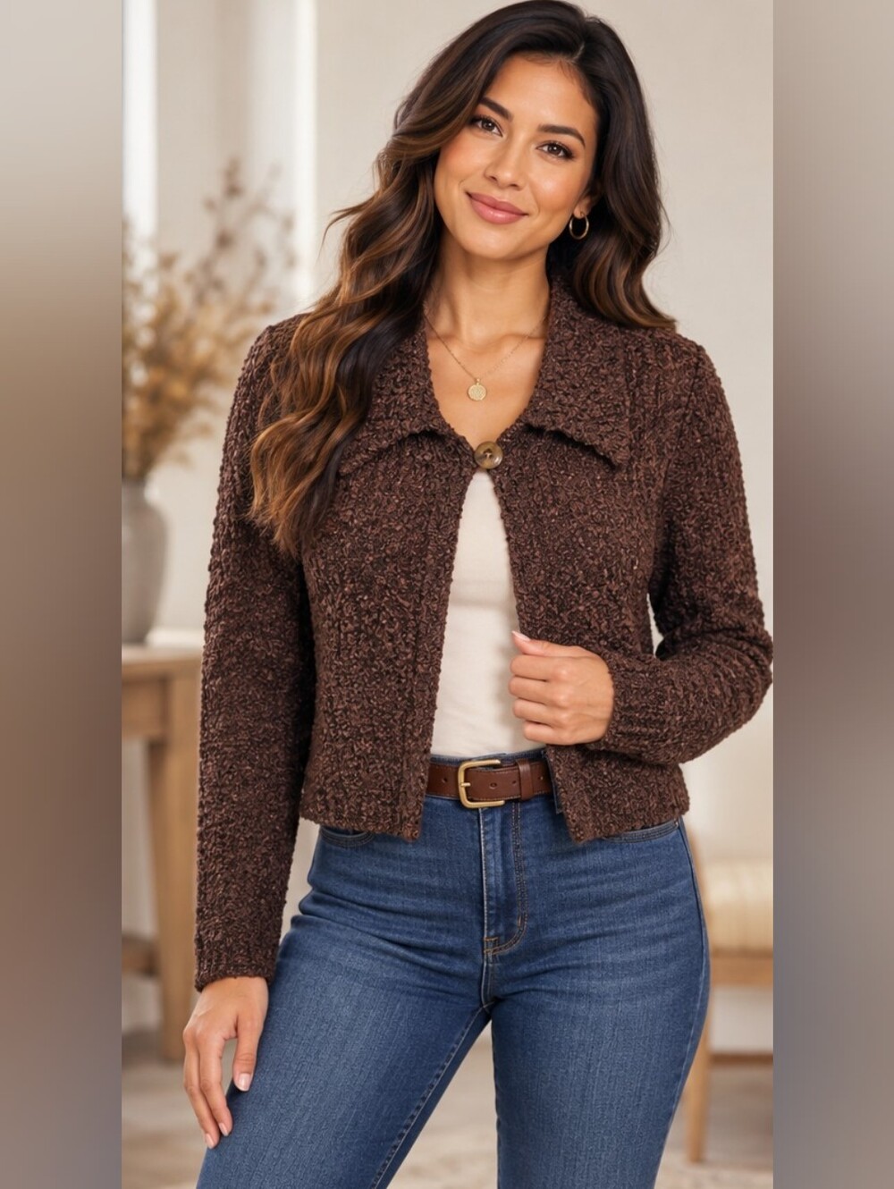 BETH SCHAEFFER | 🍫🍪 Soft Chocolate Brown Textured Knit Cropped Cardigan Jacket
